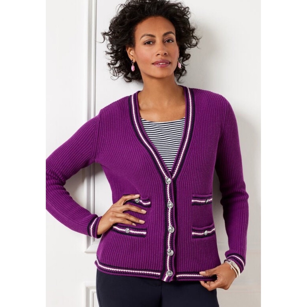 Talbots V-Neck Cardigan Sweater Trim Texture Stripe Mulberry Women's Petite $119